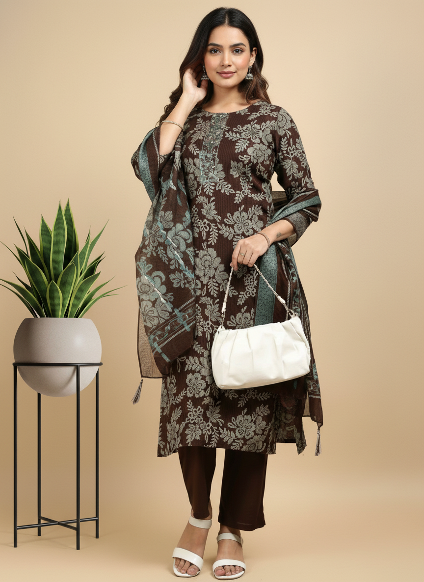 Wine Printed Kurti Set For Women| AS-00194