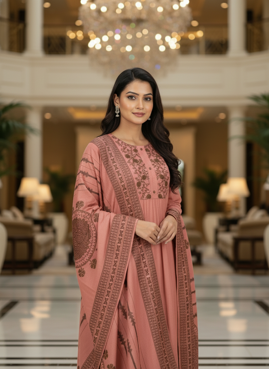 Peach Cotton Printed straight cut kurta with Dupatta| AS-00153