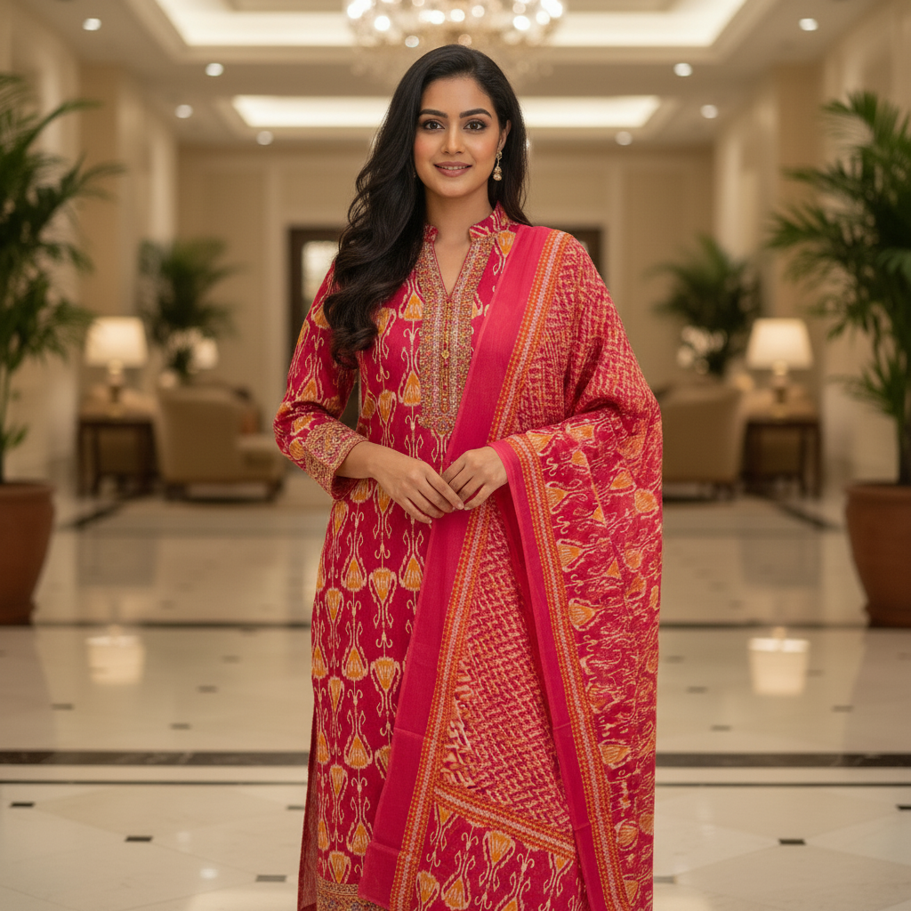 Dark Pink Cotton Printed Salwar Suit with Dupatta| AS-00171