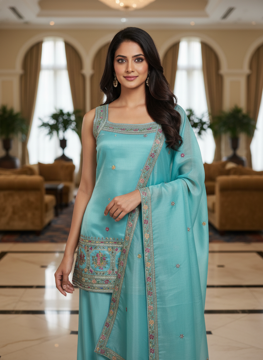 Light Blue silk Palazzo Set With Dupatta| AS-00251