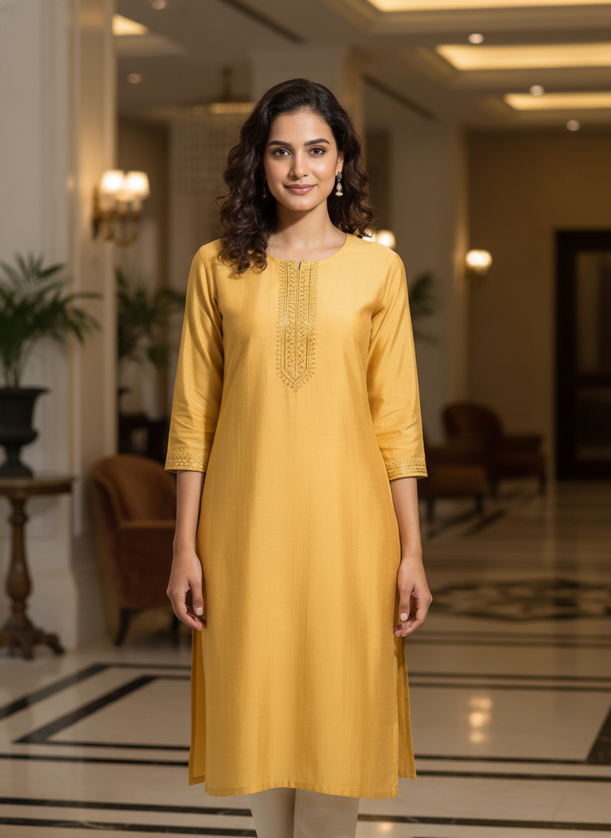Mustard solid  straight cut kurta | AS-00166