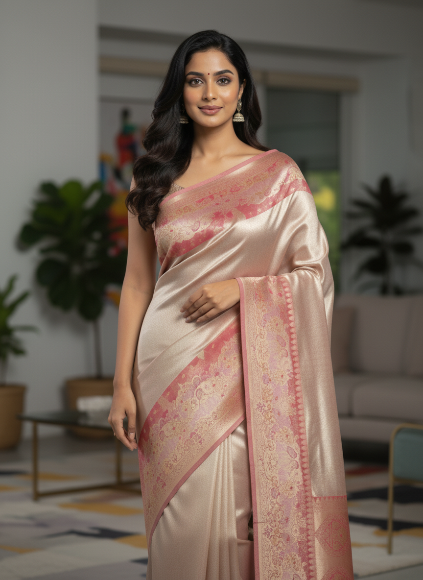 Beige  Kanchipuram Silk Saree With Butta Design| AS-00141