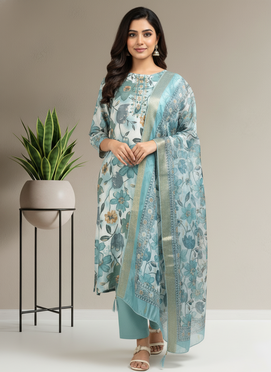 Blue Printed Kurti Set For Women| AS-00200