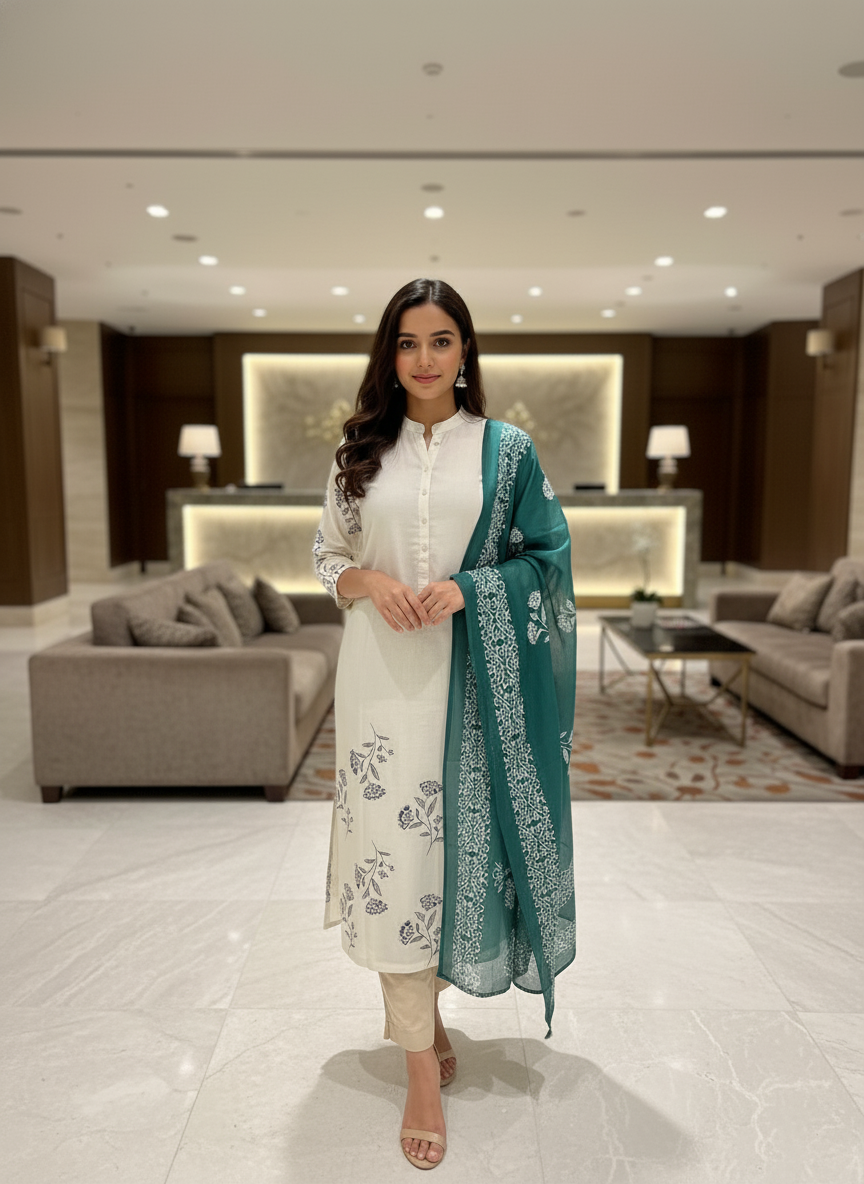 Cream Cotton Printed straight cut kurta with Dupatta| AS-00152