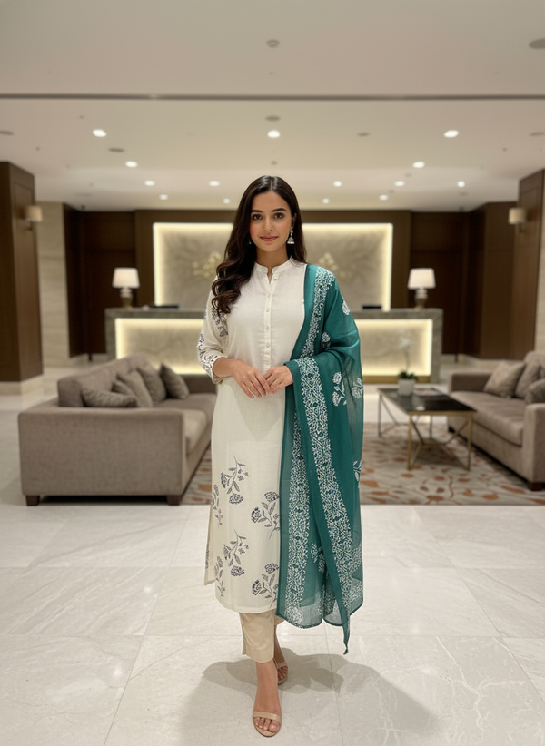 Cream Cotton Printed straight cut kurta with Dupatta| AS-00152