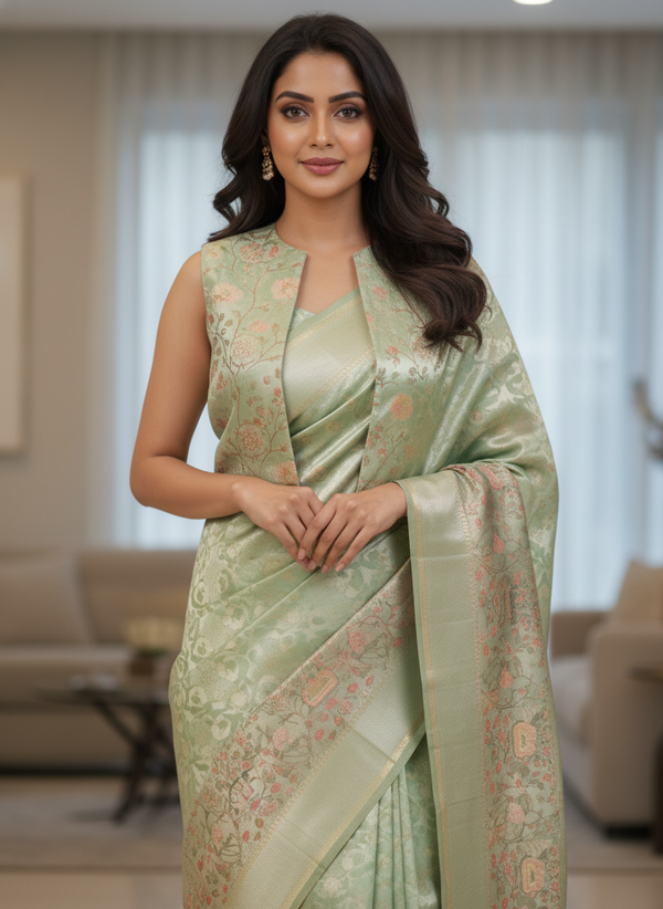 Pista Kanchipuram Silk Saree With Butta Design| AS-00146