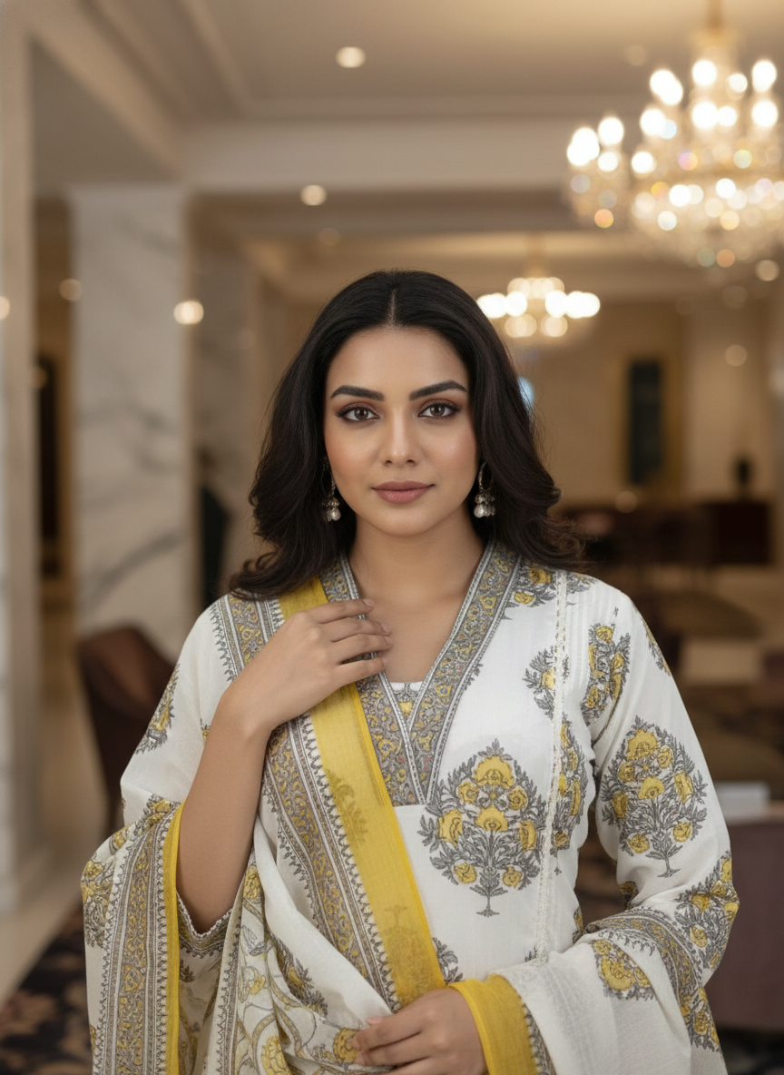 White Cotton Printed kurta set with Dupatta| AS-00158