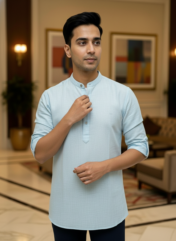 Men's Textured Cotton Short Kurta | Roll-Up Sleeves | 162