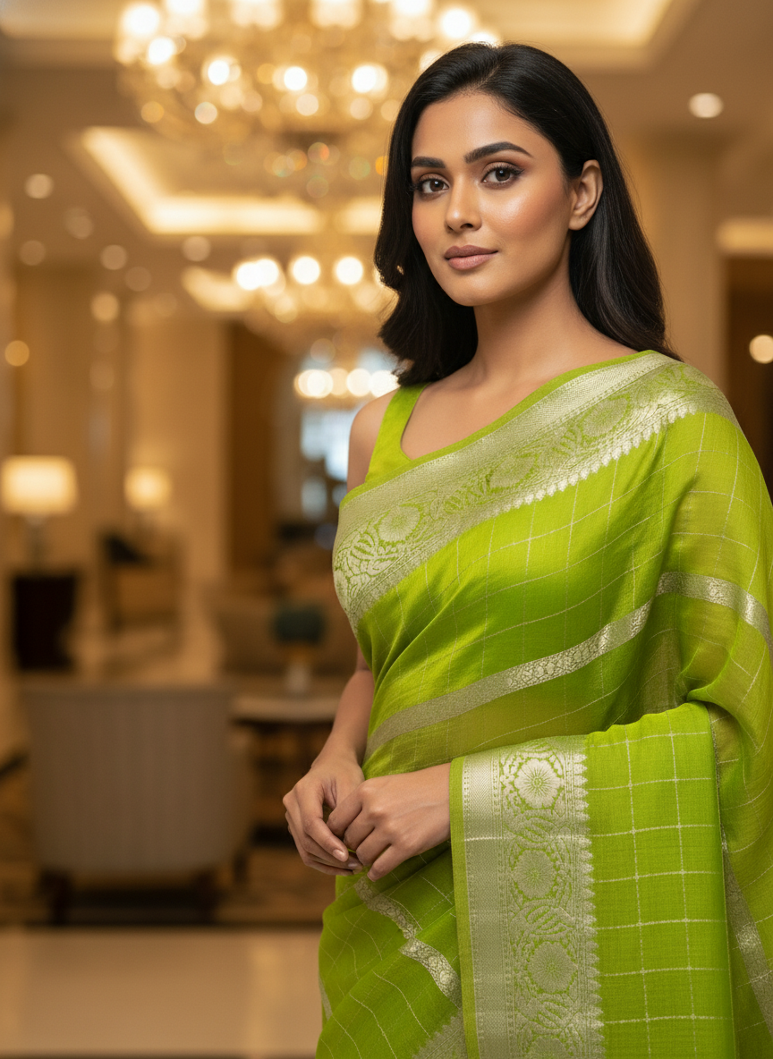 Parrot green  Silk Saree with Woven Border| AS-00242