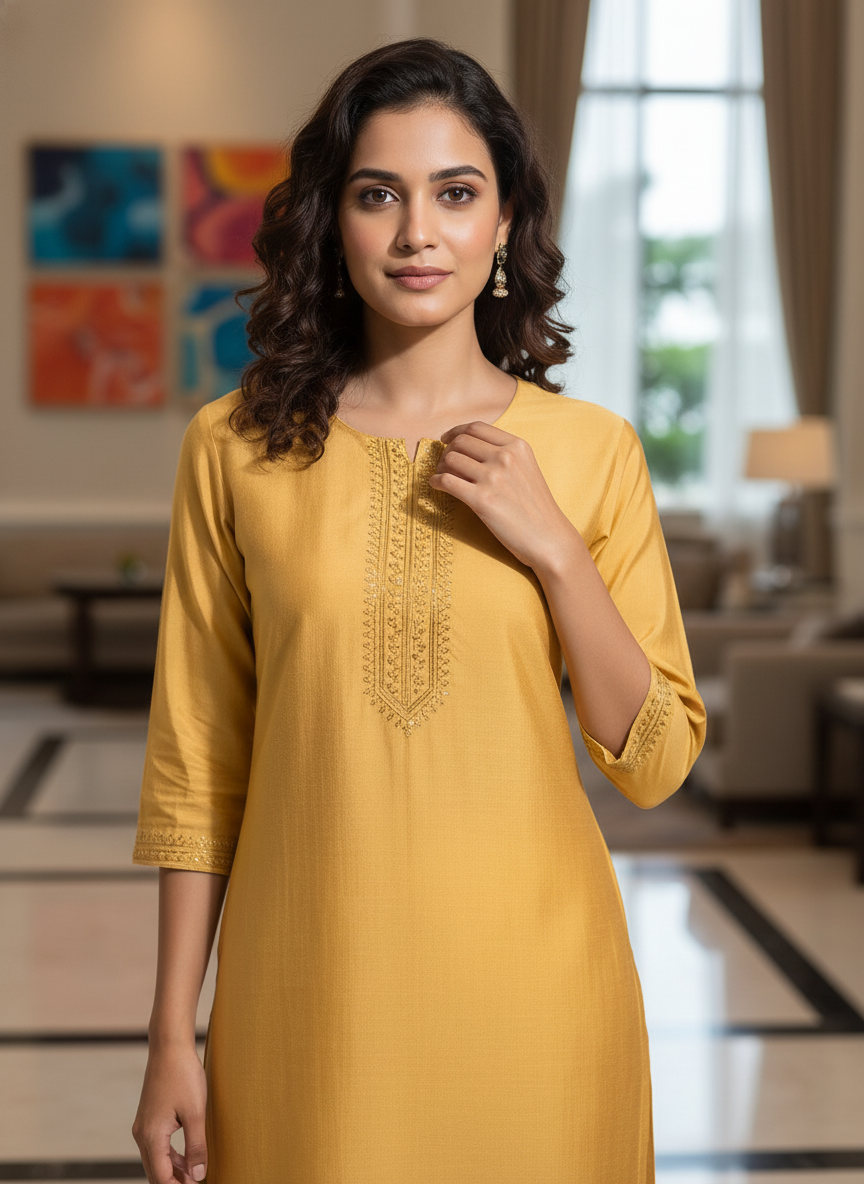 Mustard solid  straight cut kurta | AS-00166