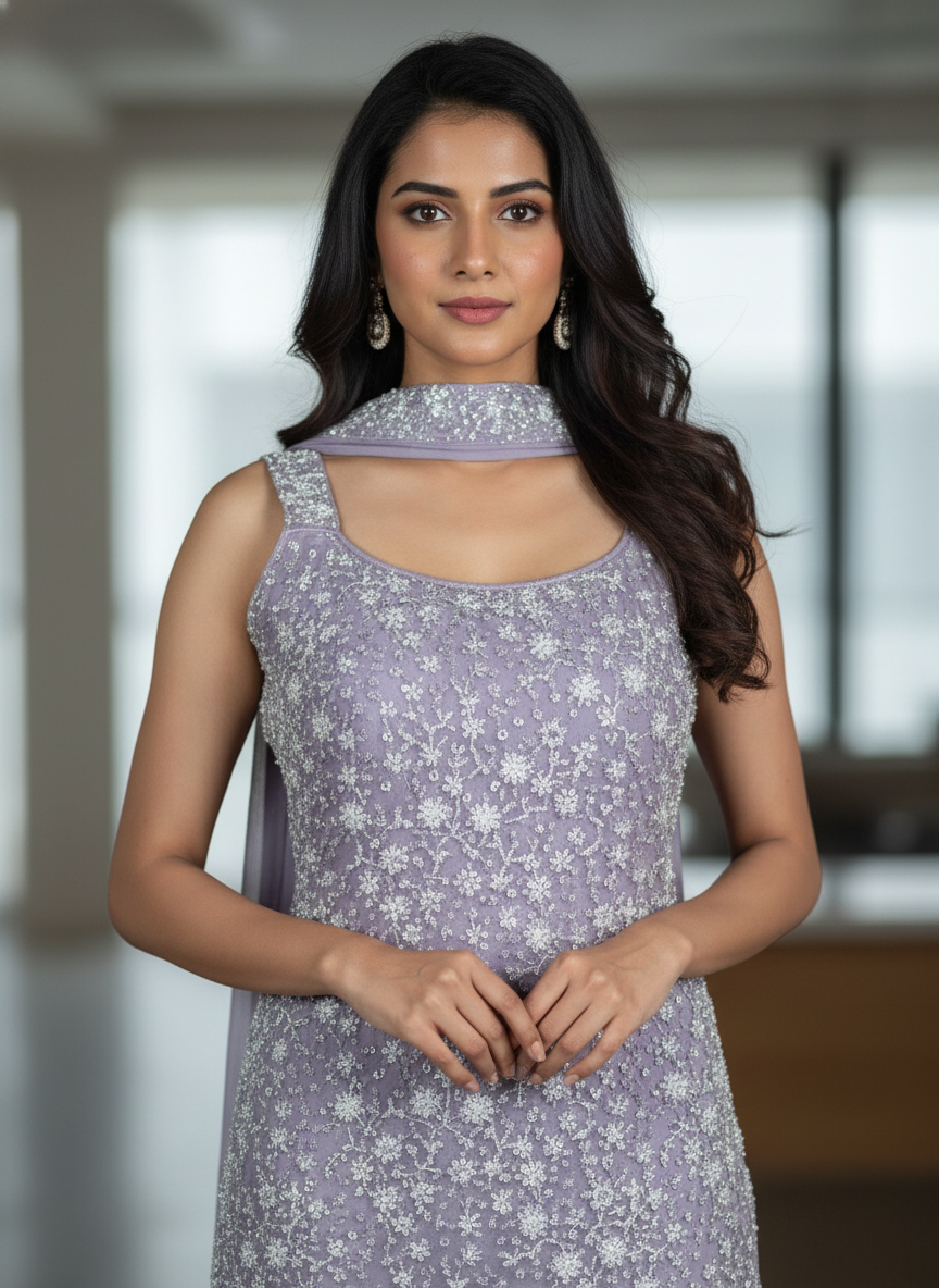 Lavender  silk Palazzo Set With Dupatta| AS-00258