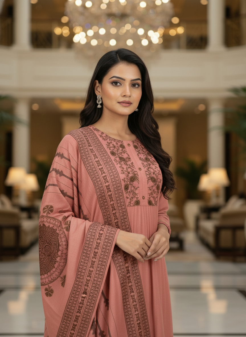 Peach Cotton Printed straight cut kurta with Dupatta| AS-00153