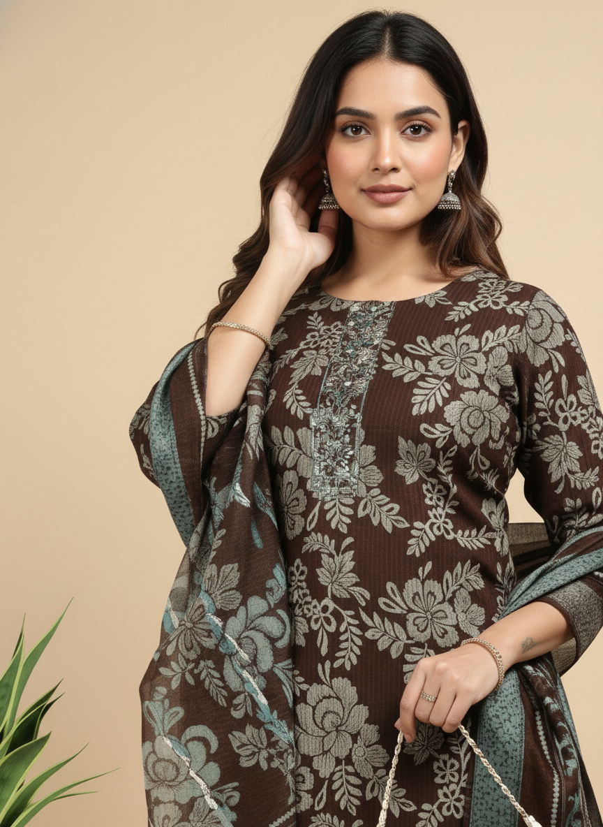 Wine Printed Kurti Set For Women| AS-00194