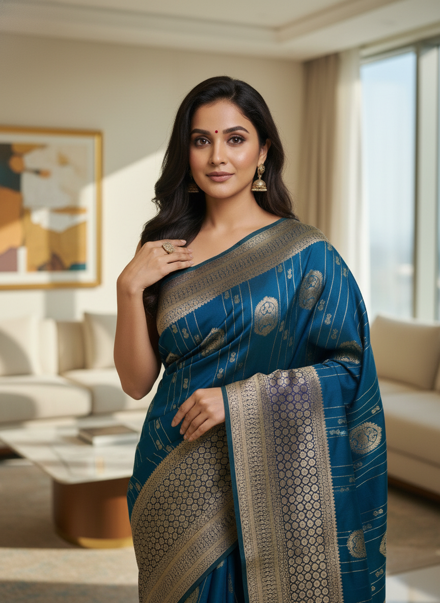 Navy Semi Silk Saree with Woven Border| AS-00247