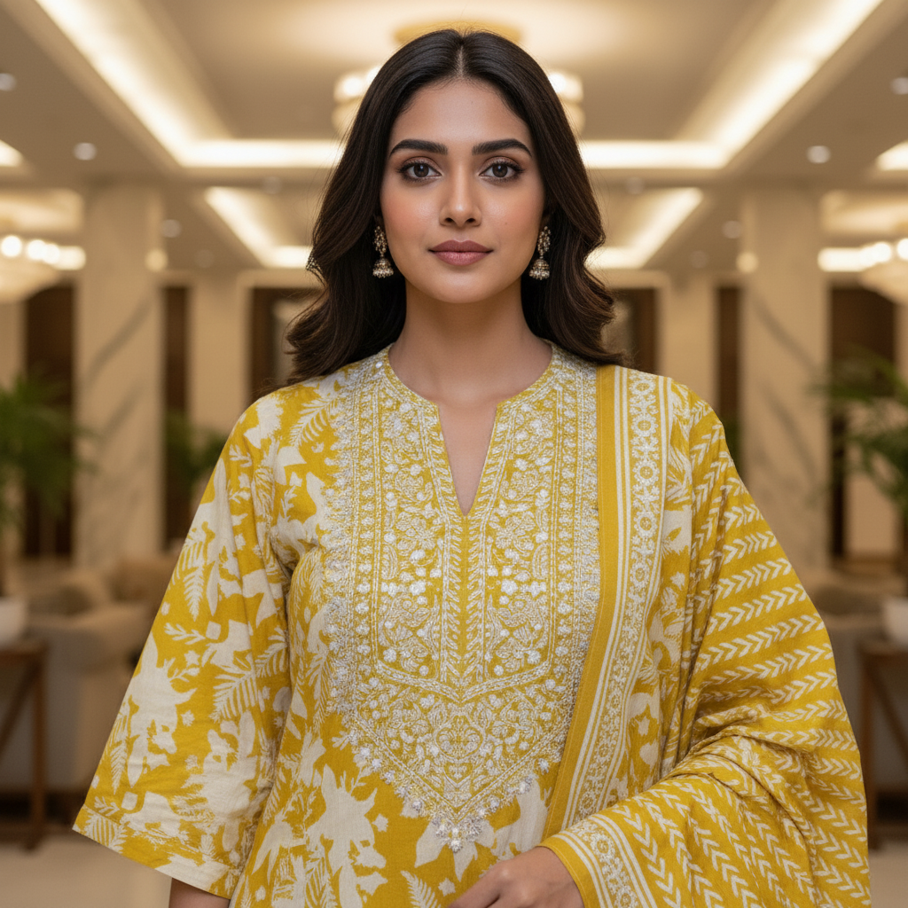 Yellow Cotton Printed Salwar Suit with Dupatta| AS-00172