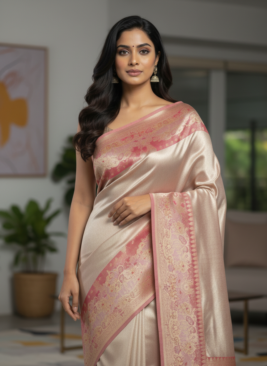 Beige  Kanchipuram Silk Saree With Butta Design| AS-00141