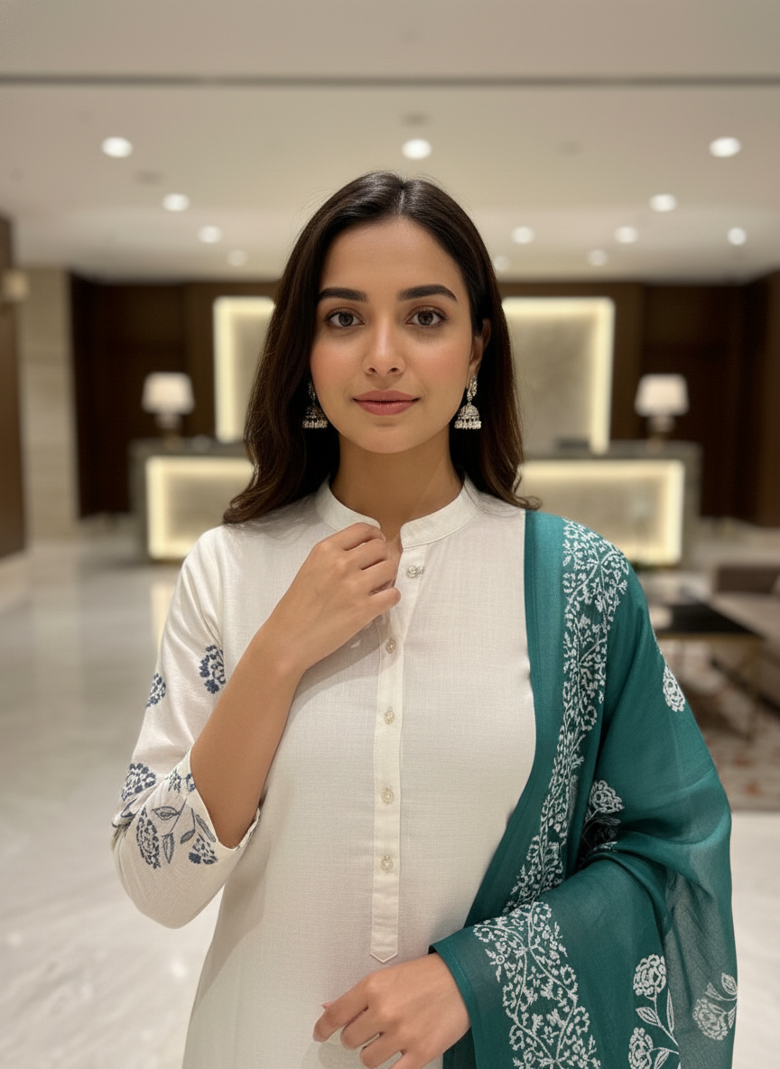 Cream Cotton Printed straight cut kurta with Dupatta| AS-00152