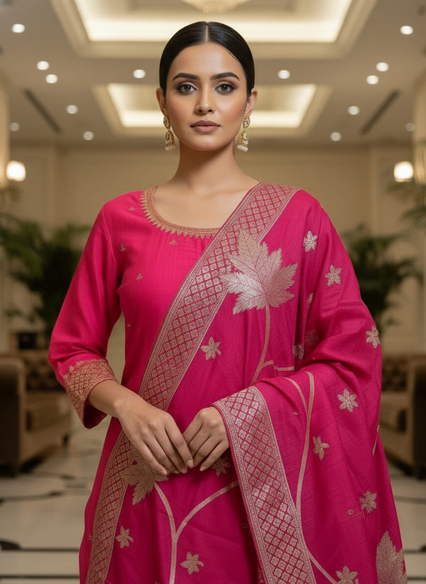 Elegant pink Kurta Set with Banarasi Dupatta| AS-00202