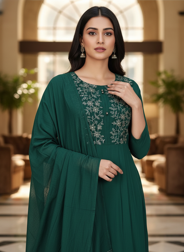 Green Cotton Printed straight Anarkali with Dupatta| AS-00155