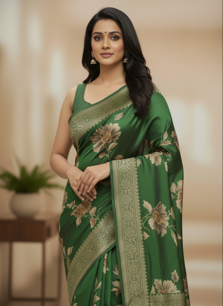 Rani pink  Floral Printed Chiffon Saree with Border| AS-00106