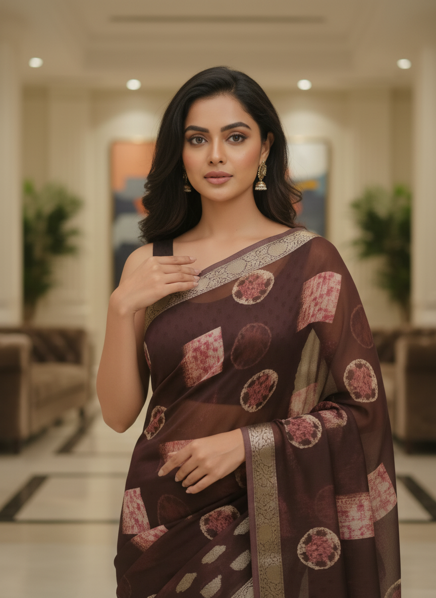 Brown Multicolor Saree with Pattern Print | AS-00117