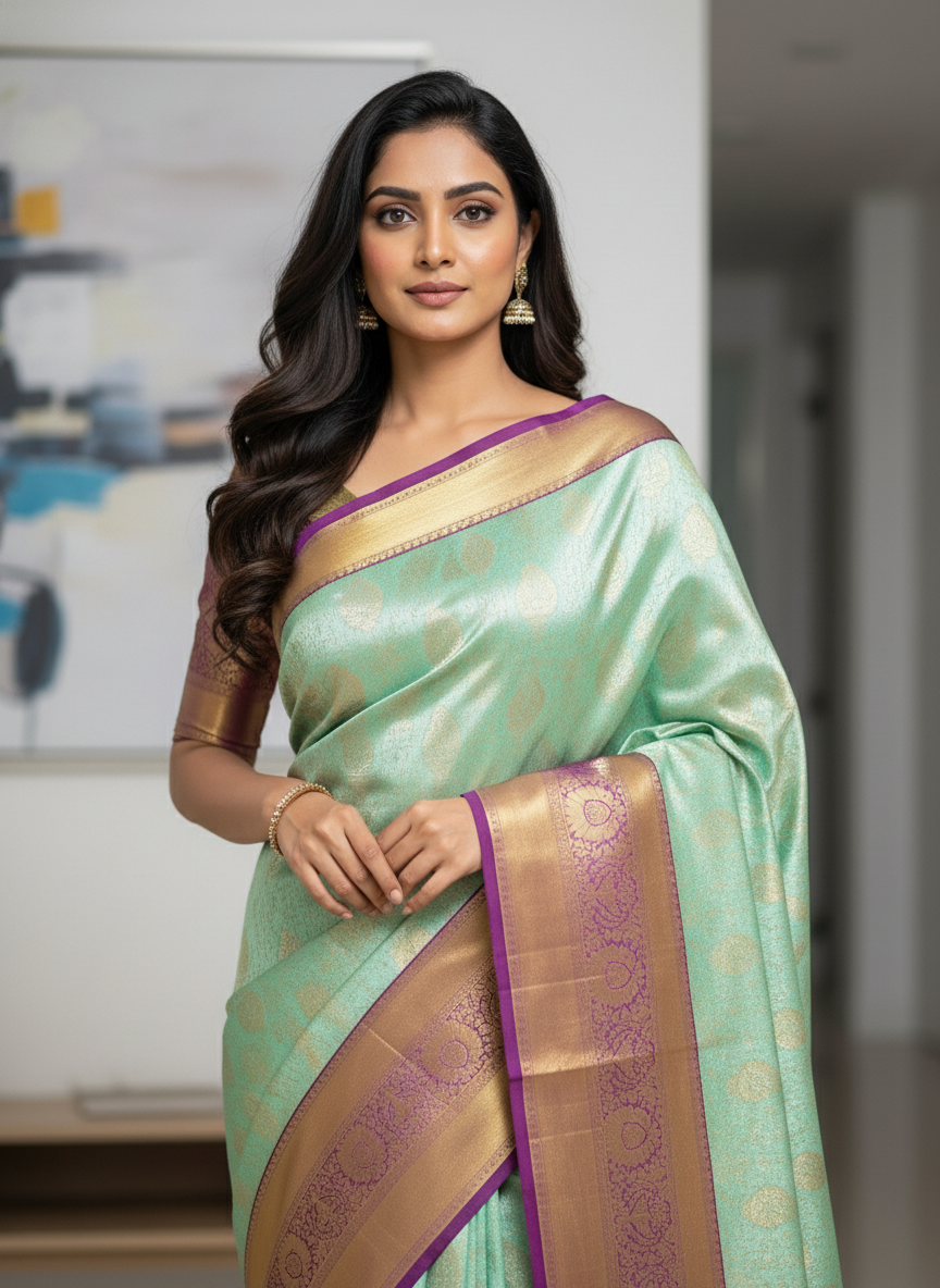 Green Kanchipuram Silk Saree With Butta Design| AS-00144