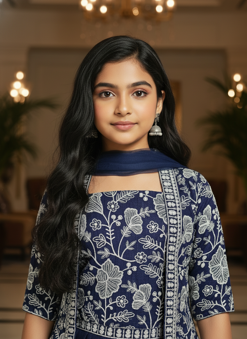 Navy Blue Embroidered Palazzo Set with Dupatta For Girls|AS-K8