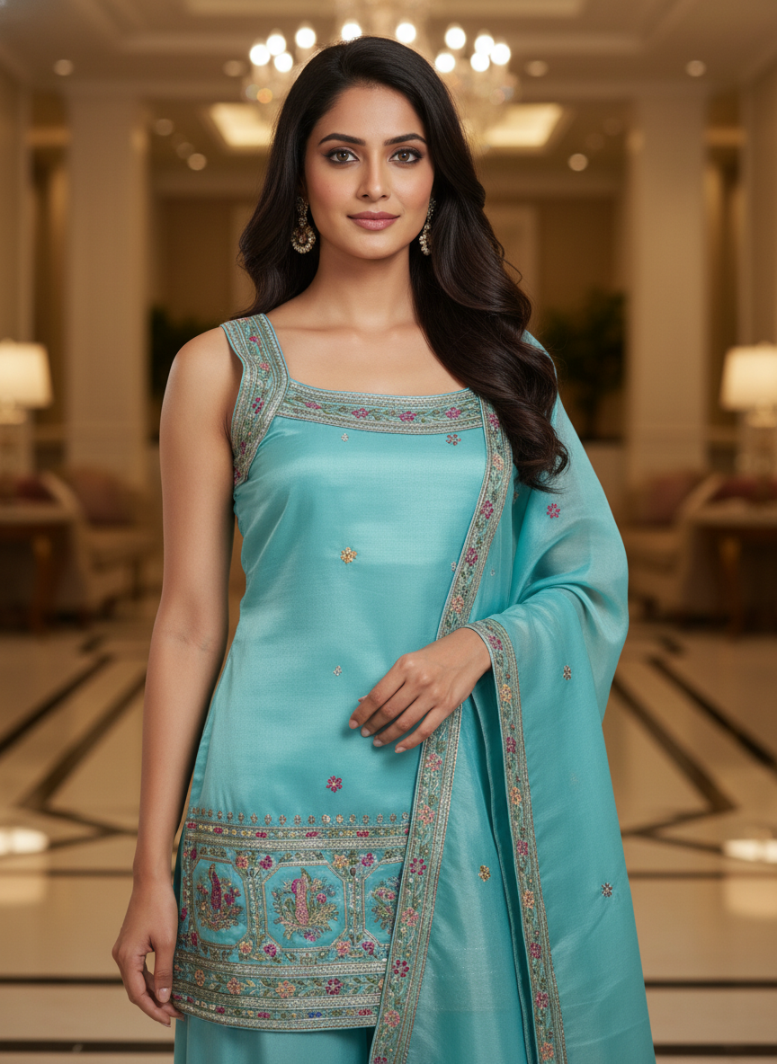 Light Blue silk Palazzo Set With Dupatta| AS-00251