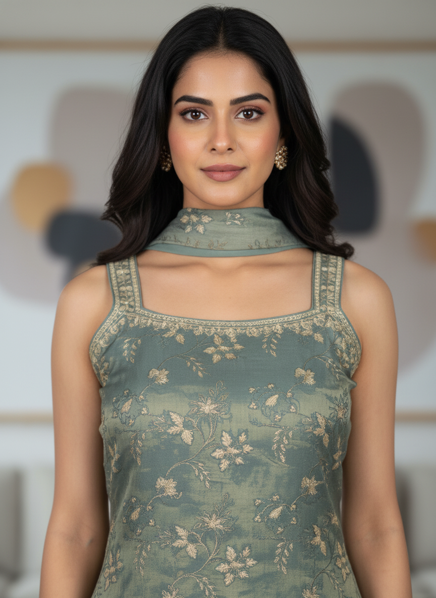 Bottle green silk Palazzo Set With Dupatta| AS-00255