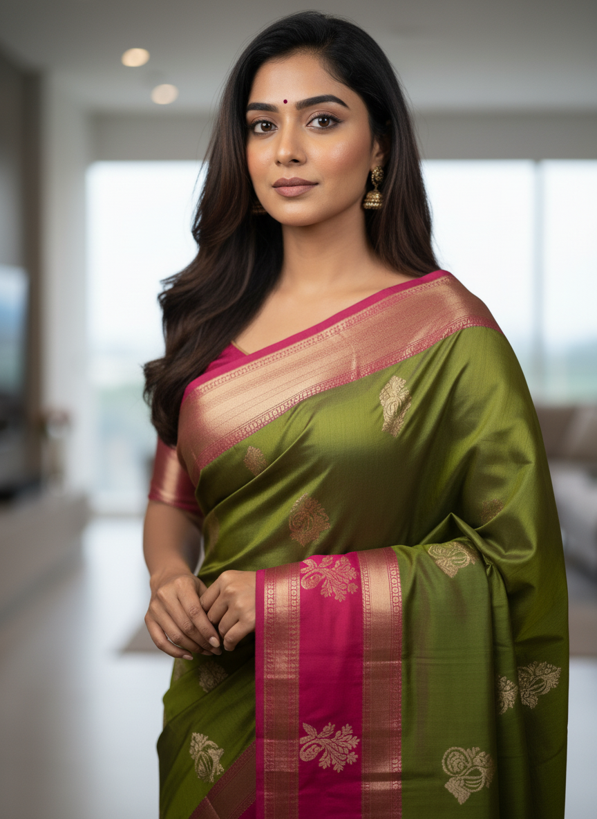 Mehandi Kanchipuram Silk Saree With Butta Design| AS-00120