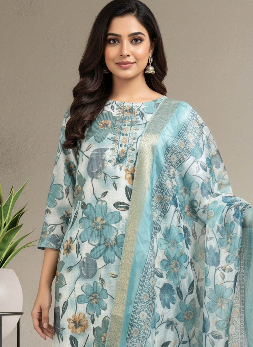Blue Printed Kurti Set For Women| AS-00200