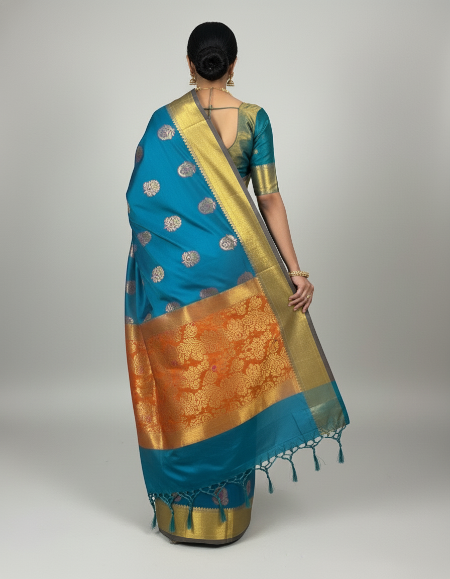 Peacock  Blue Silk Woven Kanjivaram Saree|AS-0056