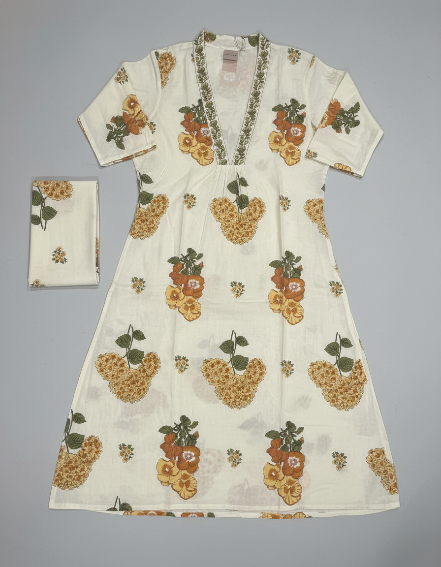 Cream Cotton Printed Salwar Suit with Dupatta| AS-00175