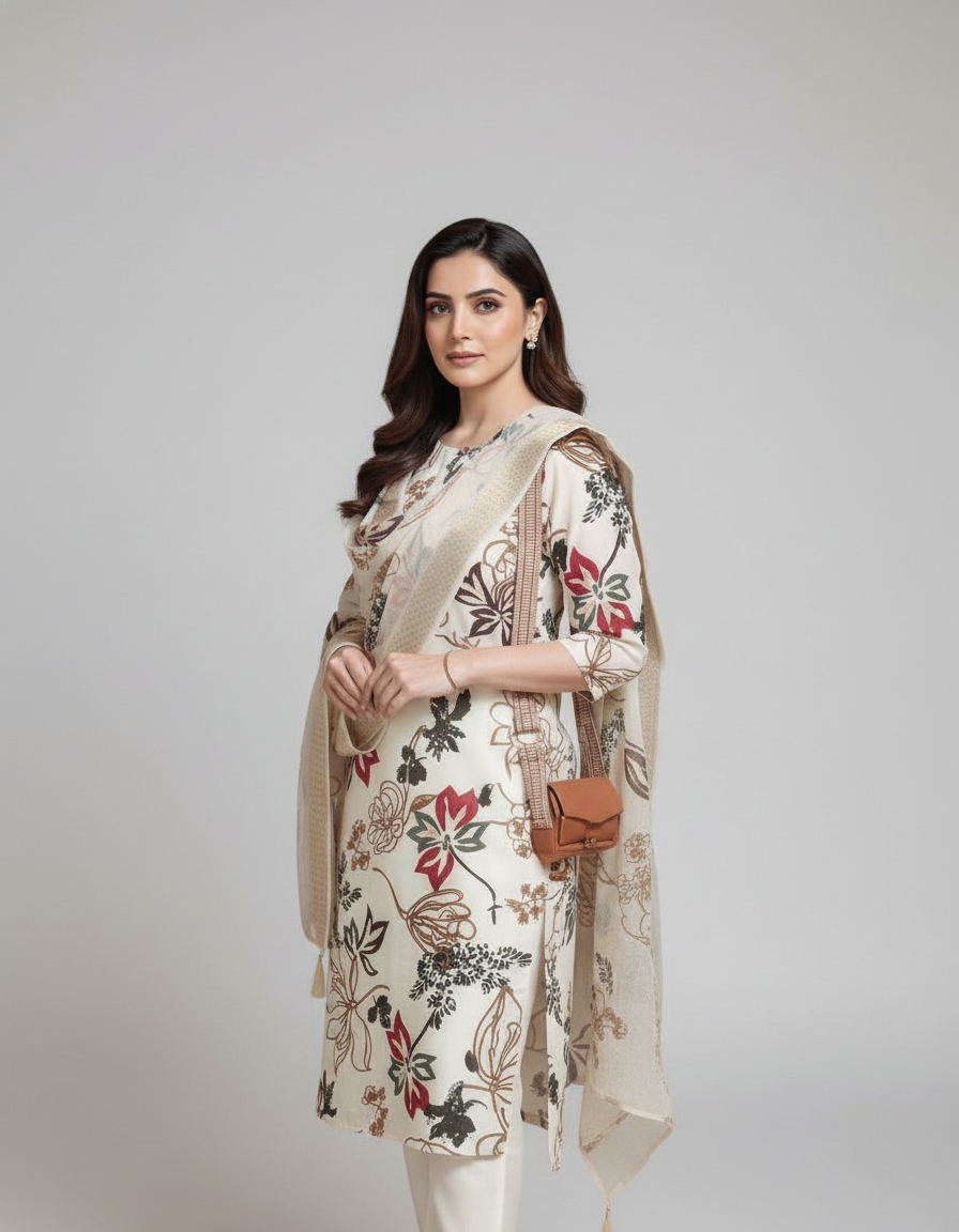 Cream Printed Kurti Set For Women| AS-00207