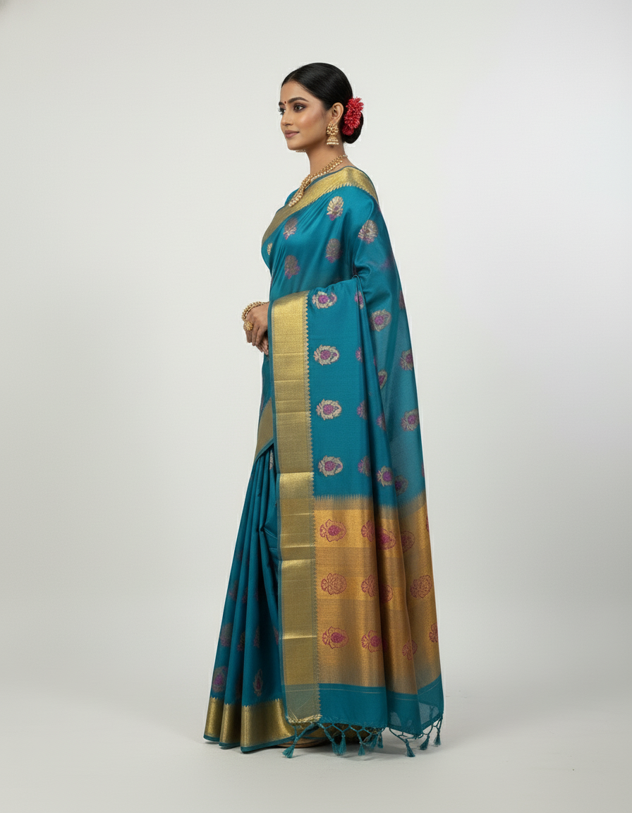 Peacock  Blue Silk Woven Kanjivaram Saree|AS-0056