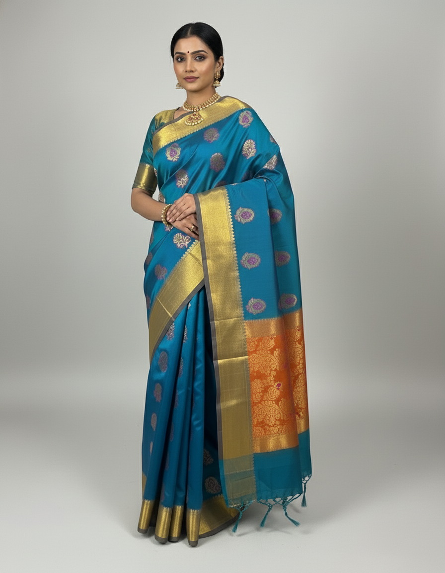 Peacock  Blue Silk Woven Kanjivaram Saree|AS-0056