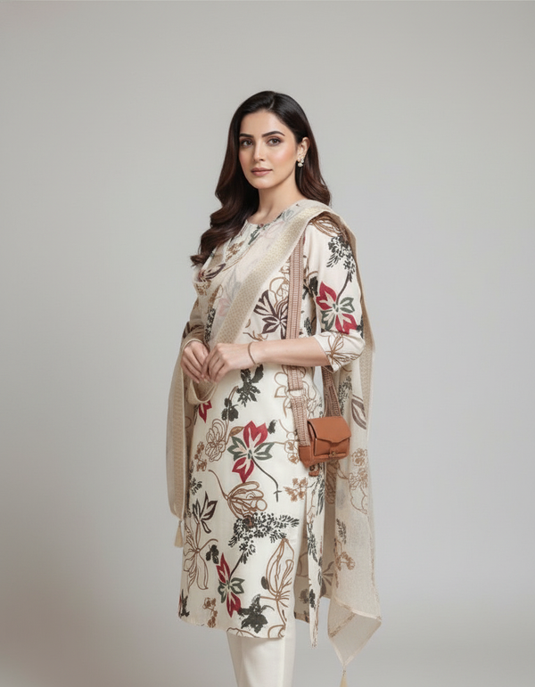 Cream Printed Kurti Set For Women| AS-00207