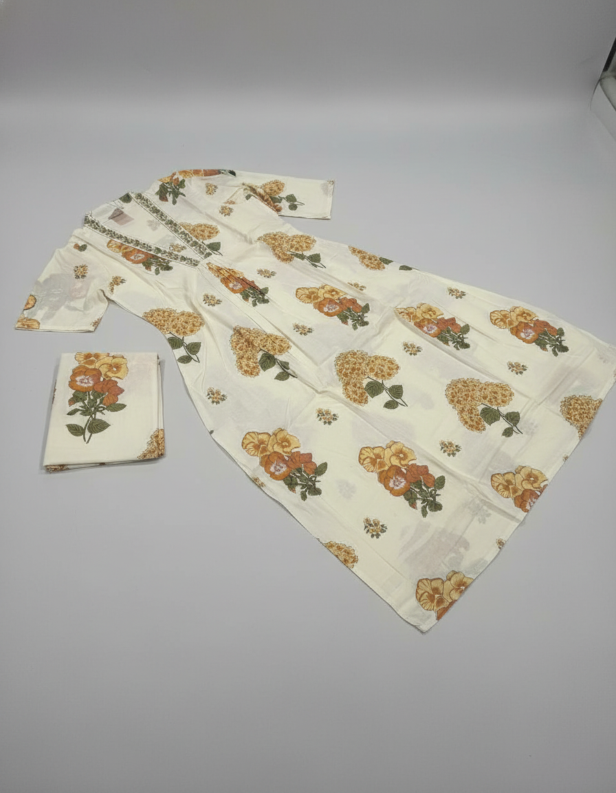 Cream Cotton Printed Salwar Suit with Dupatta| AS-00175