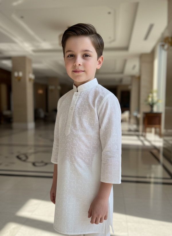 Boys' Classic White Chikankari Kurta Pajama Set | 8650