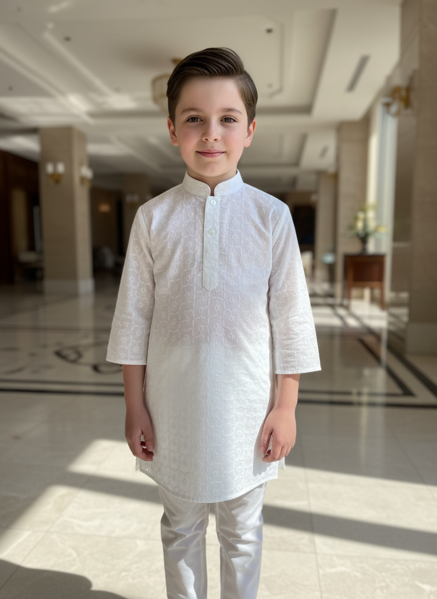 Boys' Classic White Chikankari Kurta Pajama Set | 8650