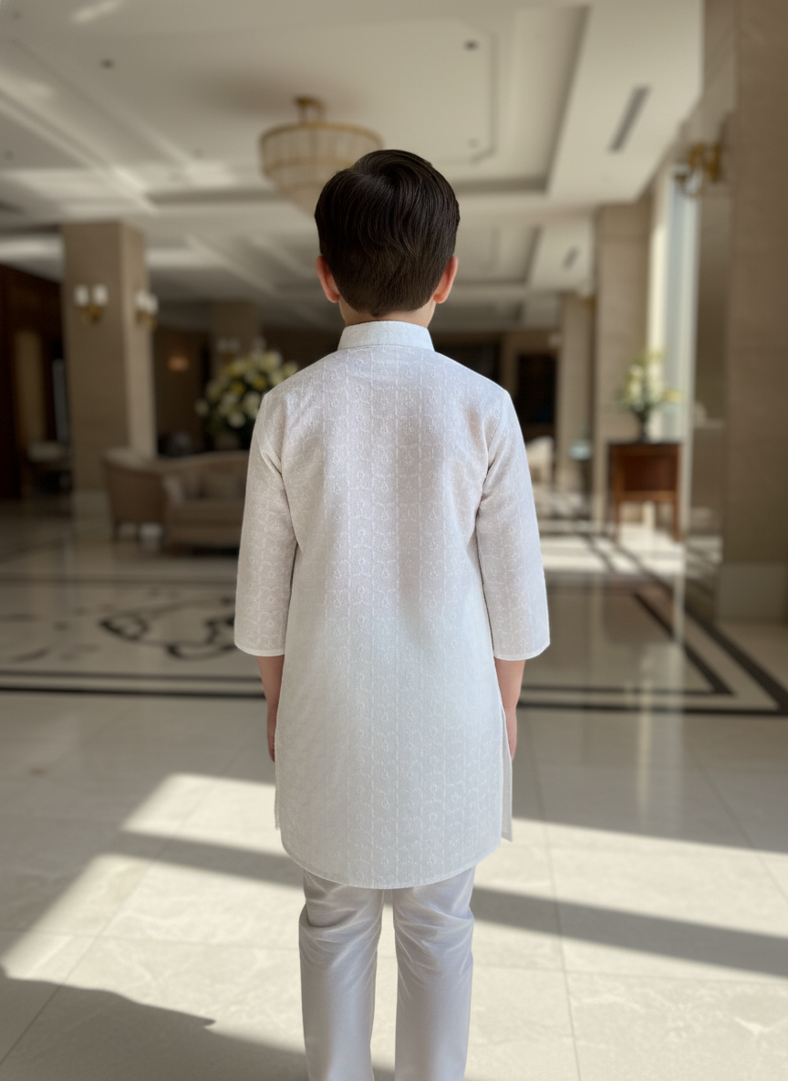 Boys' Classic White Chikankari Kurta Pajama Set | 8650