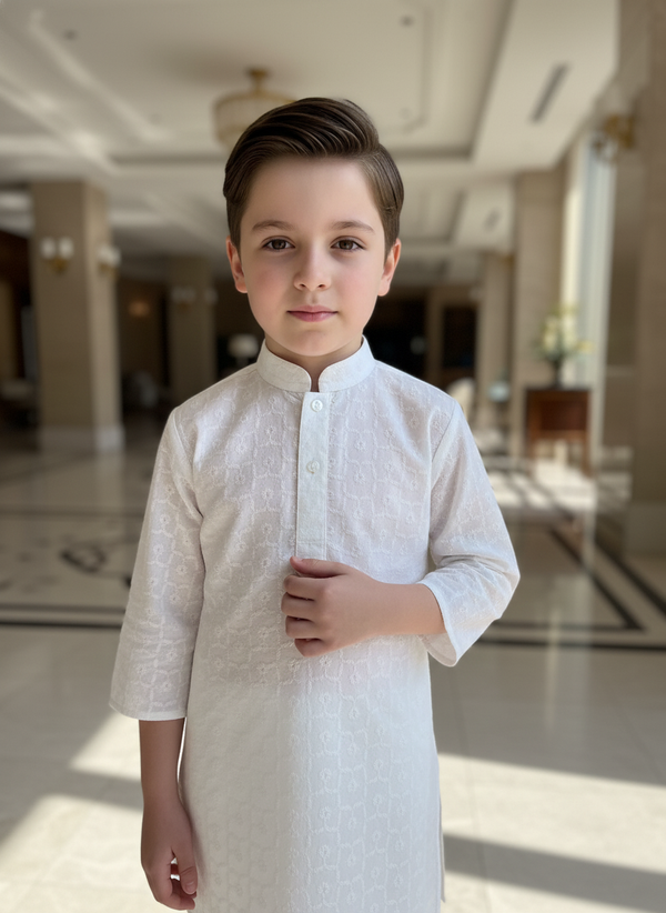 Boys' Classic White Chikankari Kurta Pajama Set | 8650