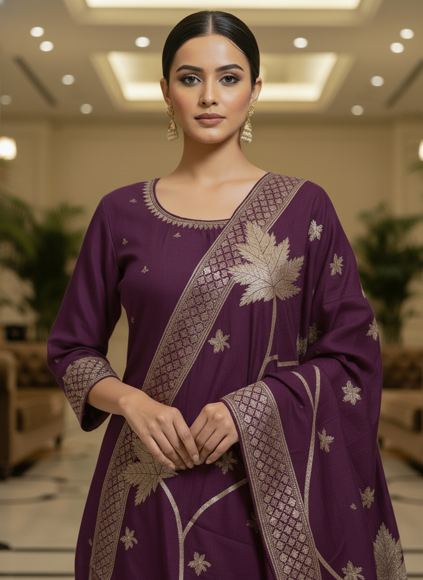 Embroidery wine Kurta Set with Banarasi Dupatta| AS-00205