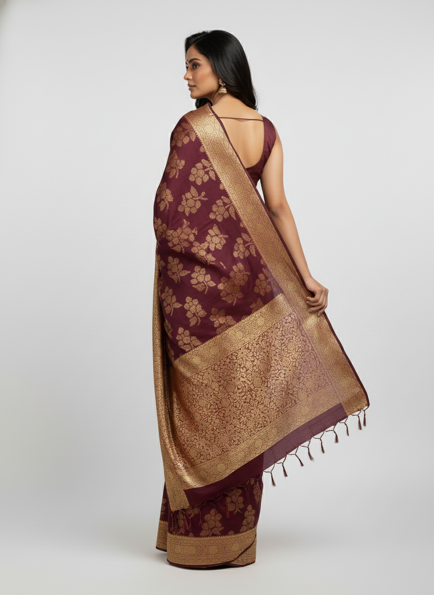 Marron Semi Silk Saree with Woven Border| AS-00245