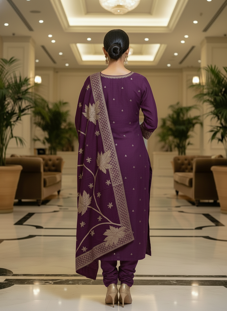 Embroidery wine Kurta Set with Banarasi Dupatta| AS-00205
