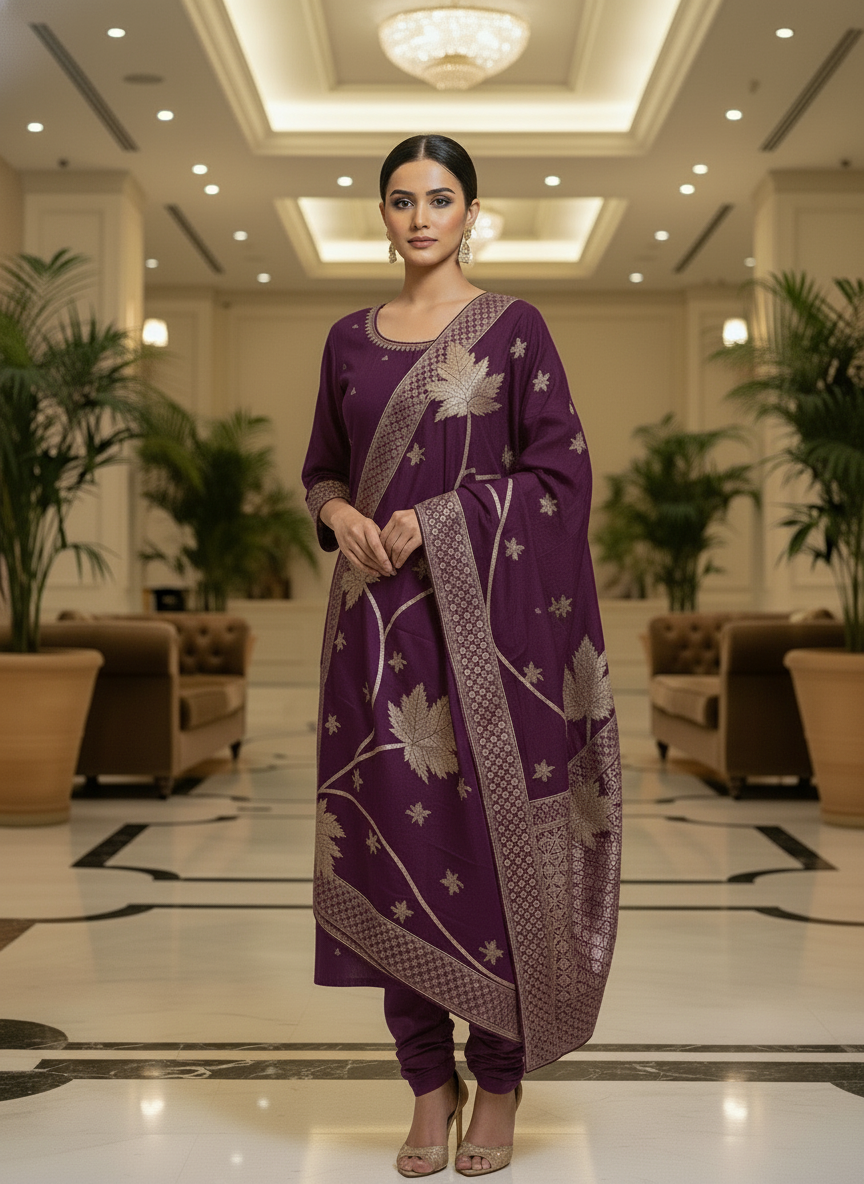 Embroidery wine Kurta Set with Banarasi Dupatta| AS-00205