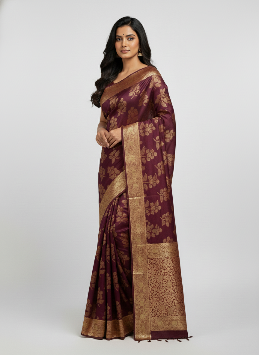 Marron Semi Silk Saree with Woven Border| AS-00245
