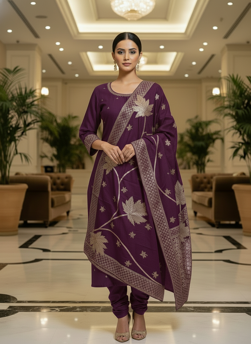 Embroidery wine Kurta Set with Banarasi Dupatta| AS-00205