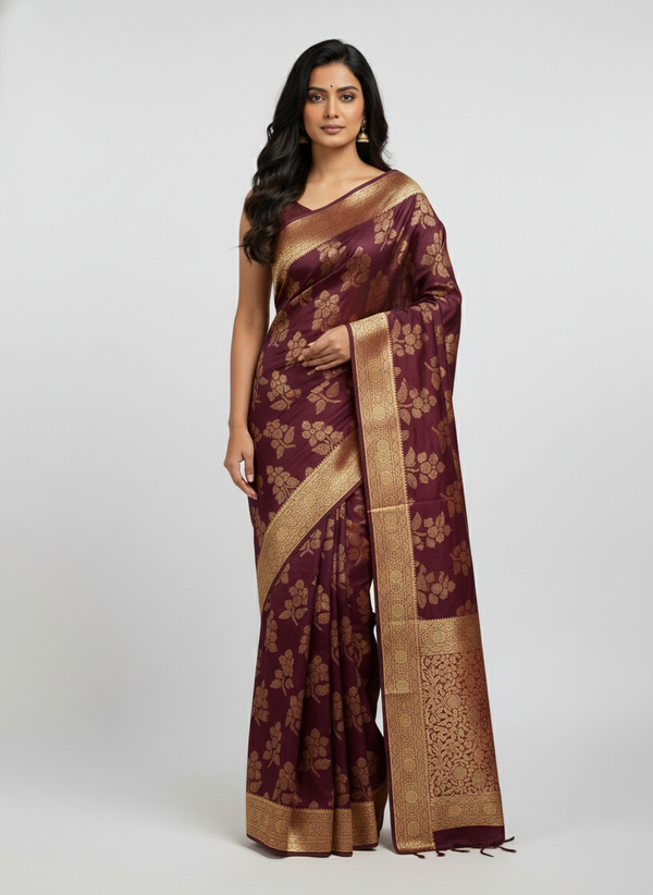 Marron Semi Silk Saree with Woven Border| AS-00245