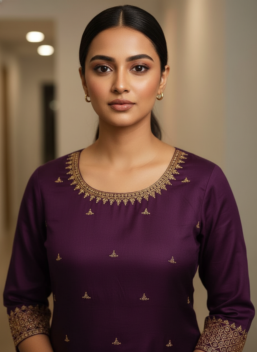 Embroidery wine Kurta Set with Banarasi Dupatta| AS-00205